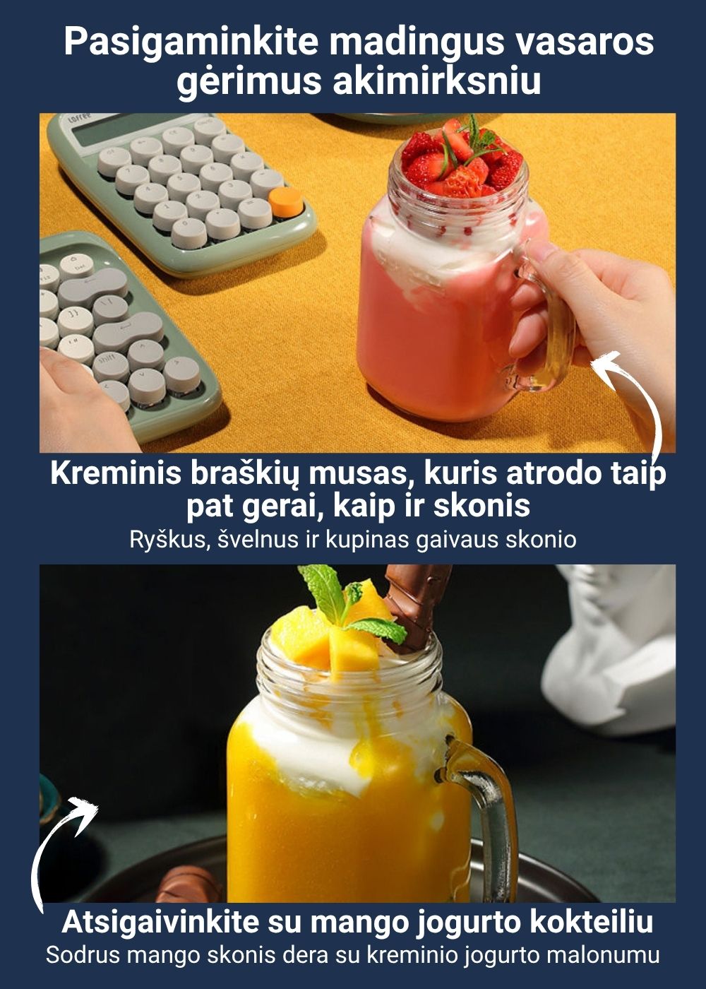 Įvairūs gėrimai su FIT2 trintuvu ant stalo FIT2 belaidis trintuvas šalia spalvingų kokteilių ir desertų, rodomas įvairių skonių pasirinkimas.